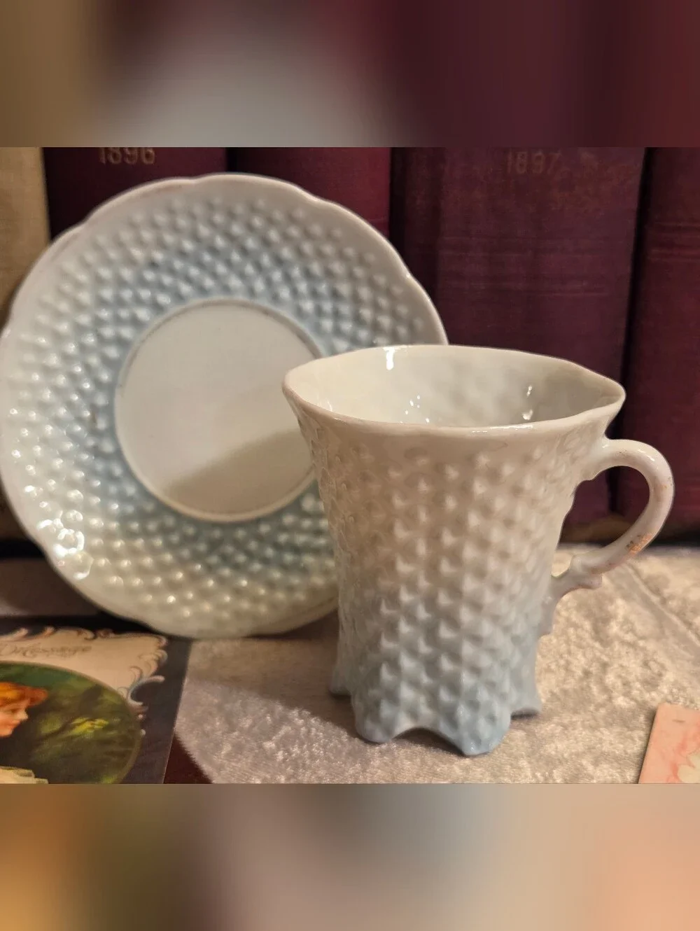 Vintage Blue Hobnail Demitasse Little Teacup Saucer Set